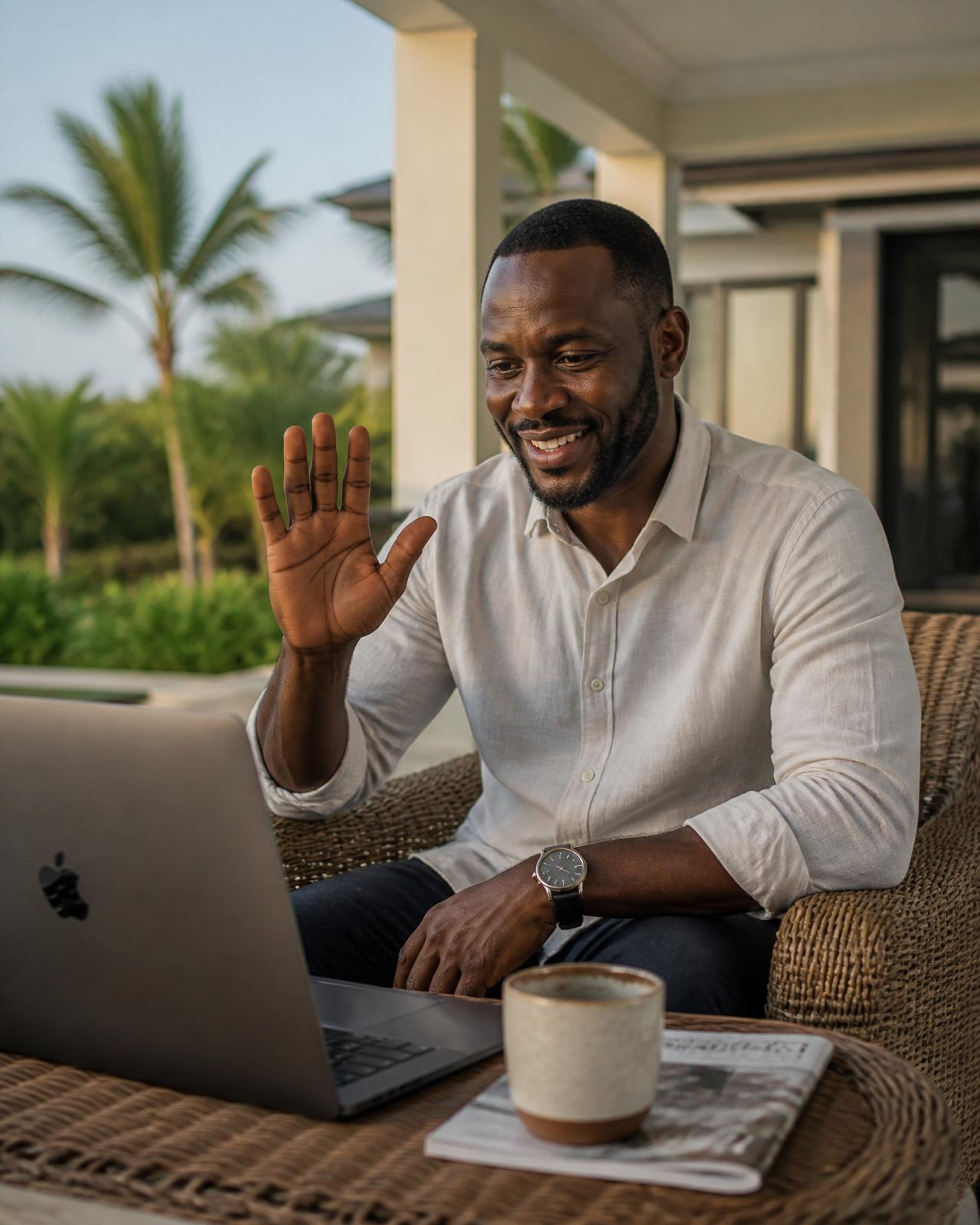 A diaspora returnee on a video call from the veranda of their new home