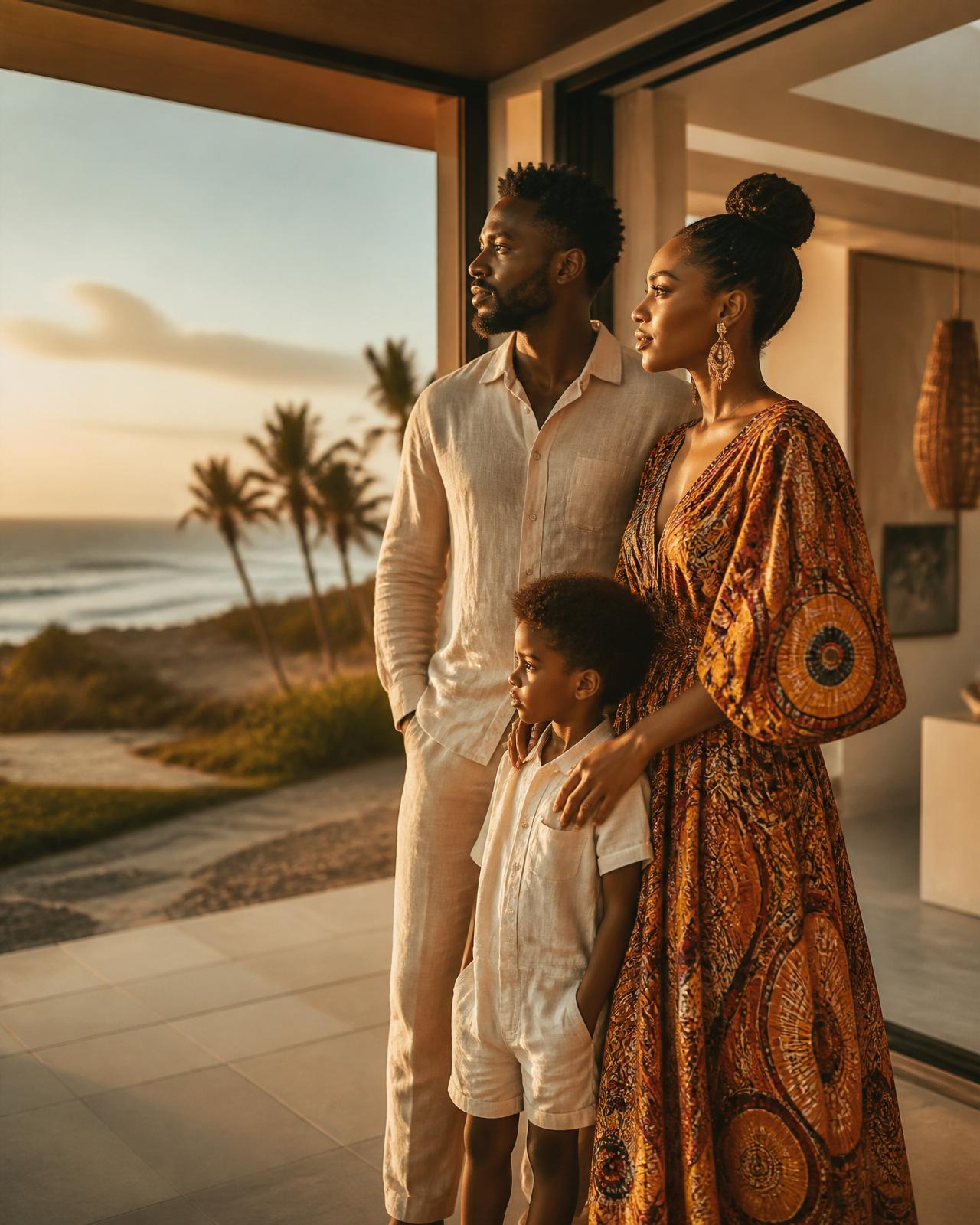 A Gambian diaspora family at the threshold of their new home at Gunjur Estate