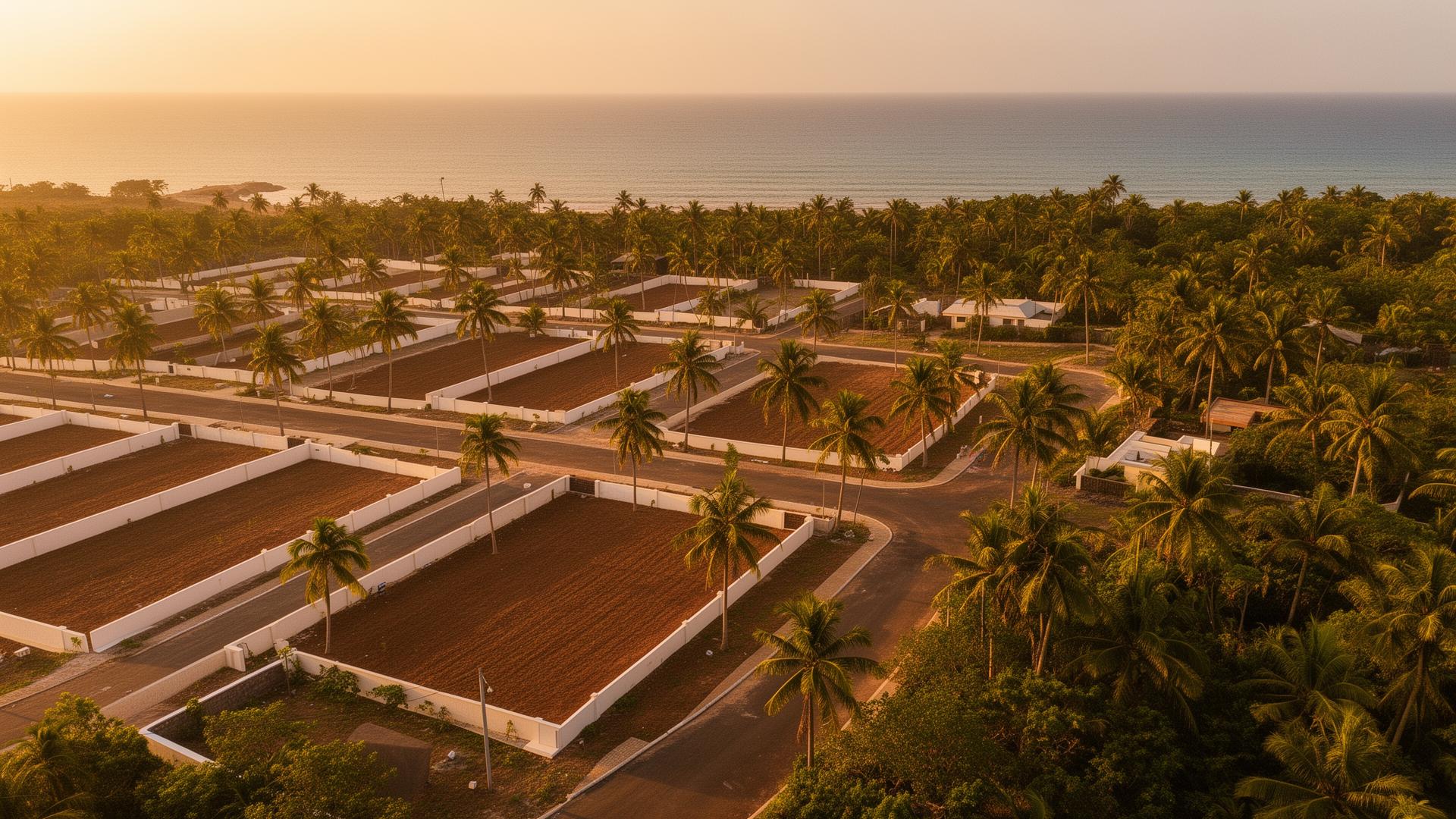 Aerial view of Gunjur Estate plots near the coast at golden hour
